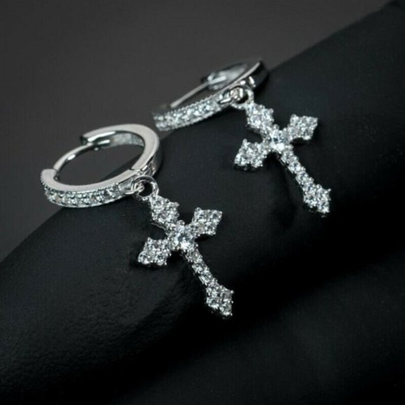 New Men's Sterling Silver Diamond Cross Earrings
